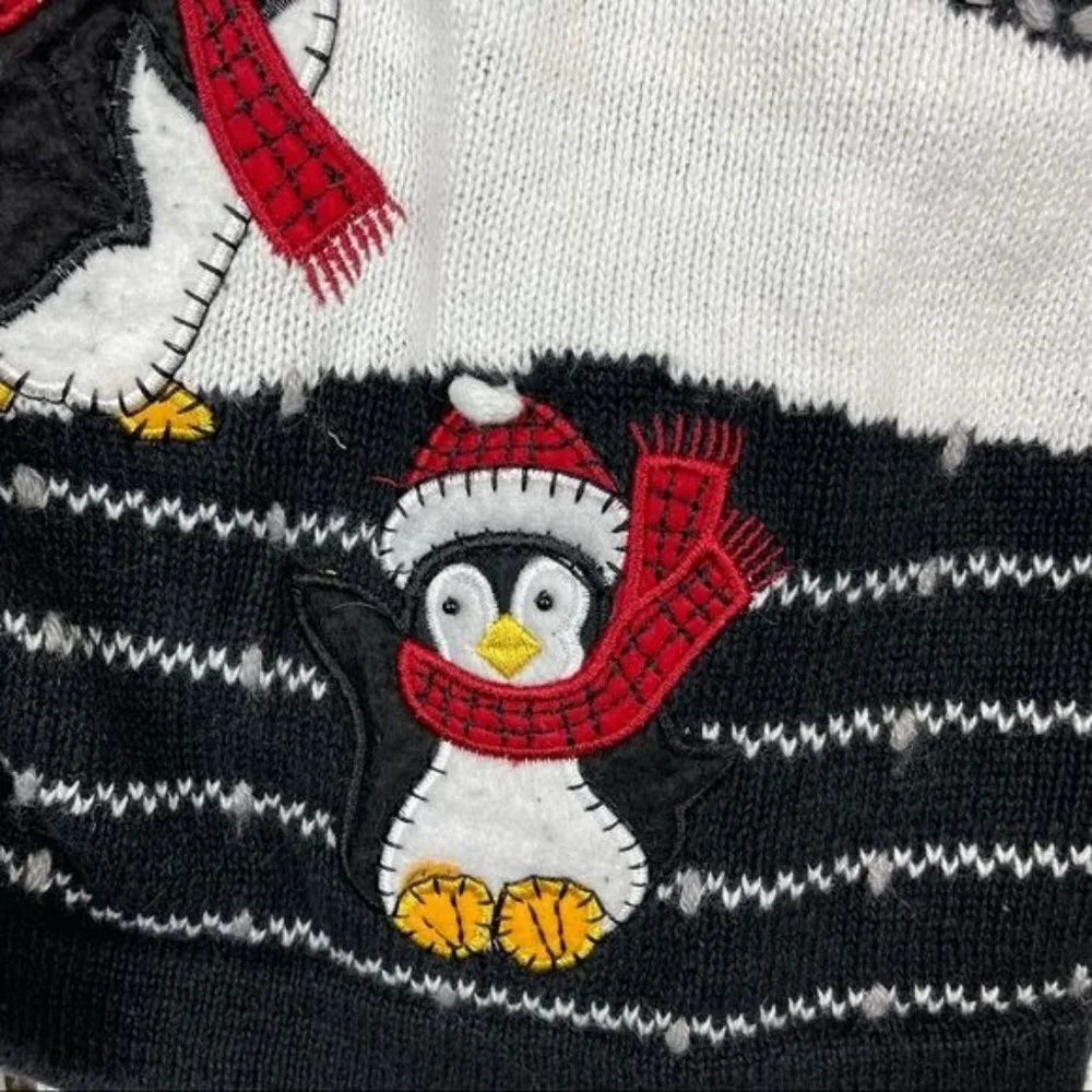 White Stag Black Holiday Embroidered Penguin Button Up Cardigan Size Medium - Picture 3 of 7